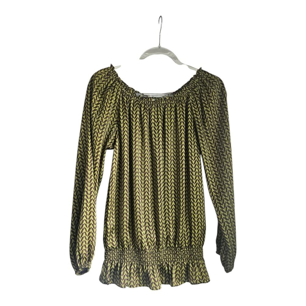 Michael Kors Womens SM Blouse Green Brown Satin Geometric Elastic Neck Smocked